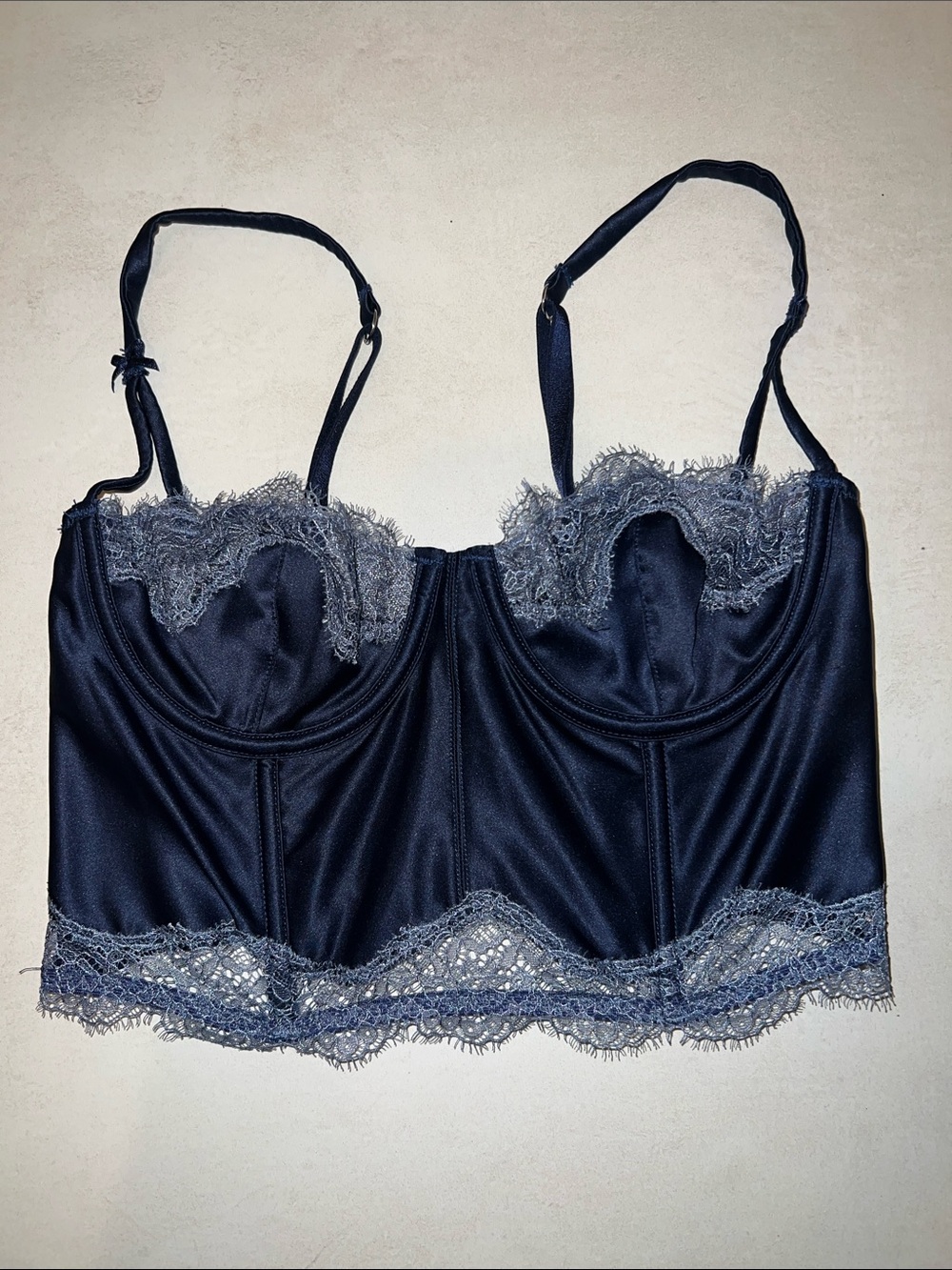 Victoria’s Secret 32B Dream Angels Balconnet Lace Satin Bralette Corset Navy Blu